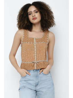 American Eagle - Women Brown Eyelet Bubble Crop Top