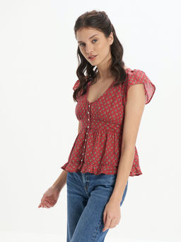 American Eagle - Women Red V Neck Button Up Top