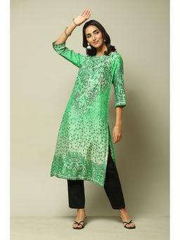 Biba - Womens Green Printed Viscose Shantoon Straight Kurta