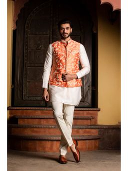 HISTORI - Orange Raw Silk Embroidered Nehru Jacket with Kurta and Pant