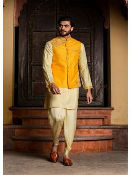 HISTORI - Raw Silk Embroidered Jacket with Kurta and Dhoti