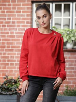 AAREIN - Women Red Crew Neck Solid Regular Fit Sweatshirt