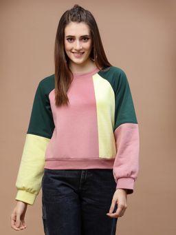 AAREIN - Women Green Crew Neck Colorblock Regular Fit Sweatshirt