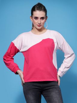AAREIN - Women Pink Crew Neck Colorblock Regular Fit Sweatshirt