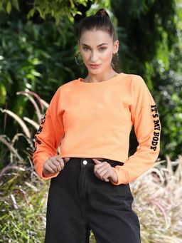 AAREIN - Women Orange Crew Neck Solid Regular Fit Sweatshirt