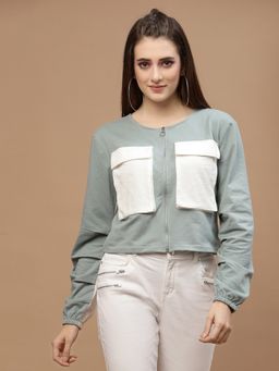 AAREIN - Women Green Round Neck Colorblock Regular Fit Sweatshirt