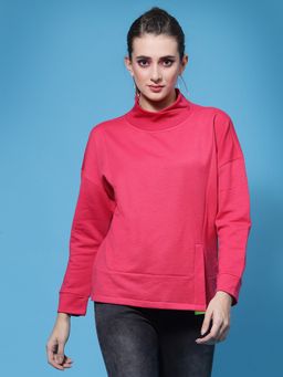 AAREIN - Women Pink High Neck Solid Regular Fit Sweatshirt