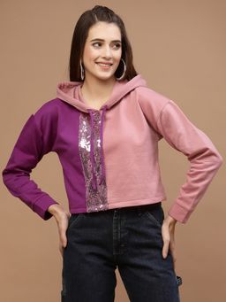 AAREIN - Women Purple Hooded Colorblock Regular Fit Sweatshirt