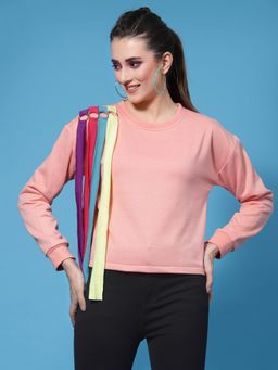 AAREIN - Women Peach Crew Neck Solid Regular Fit Sweatshirt