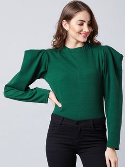 AAREIN - Women Green Crew Neck Self Design Regular Fit Sweatshirt