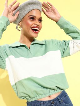 AAREIN - Women Green Collar Neck Colorblock Regular Fit Sweatshirt