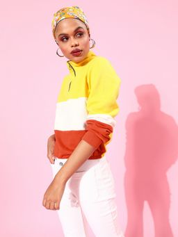 AAREIN - Women Yellow High Neck Colorblock Regular Fit Sweatshirt