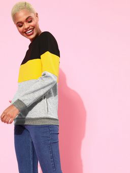 AAREIN - Women Black Round Neck Colorblock Regular Fit Sweatshirt