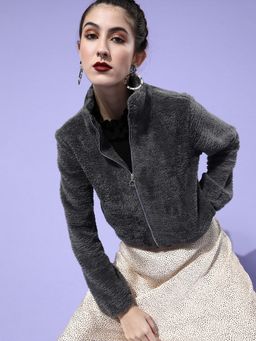 AAREIN - Women Grey High Neck Solid Regular Fit Jacket