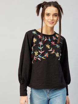 AAREIN - Women Black Round Neck Embroidered Regular Fit Sweatshirt