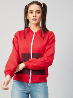 AAREIN - Women Red Mandarin Neck Solid Regular Fit Sweatshirt
