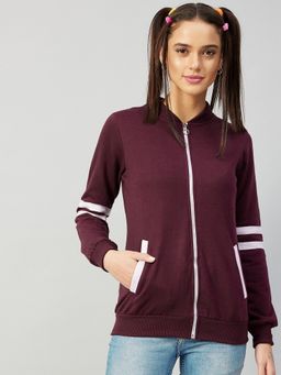 AAREIN - Women Burgundy Mandarin Neck Solid Regular Fit Jacket
