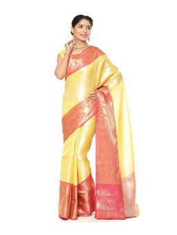 Banarasi Silk Works - Yellow Kanchi Border Saree with Unstitched Blouse