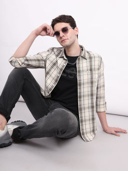 Lee - Men Checks Beige Slim Fit Shirt