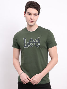 Lee - Men Logo Print Green Crew Neck Slim Fit T-Shirt