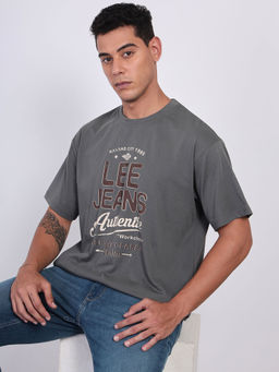 Lee - Men Graphic Print Grey Crew Neck Oversized T-Shirt
