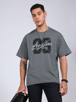 Lee - Men Graphic Print Grey Crew Neck Oversized T-Shirt