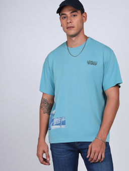 Lee - Men Graphic Print Blue Crew Neck Oversized T-Shirt