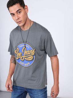 Lee - Men Graphic Print Grey Crew Neck Oversized T-Shirt