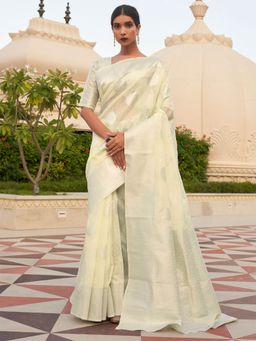 Odette - Women Pure Linen Yellow Woven Design Saree with Unstitched Blouse