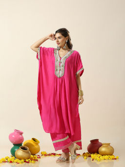 Ishnya - Raas Pink Solid Batwing Sleeves Kaftan with Palazzo (Set of 2)