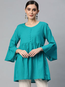 SVARCHI - Cotton Slub Solid Regular Top Turquoise