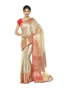 Banarasi Silk Works - Beige Kanchi Silk Zari Red Pattu Border Saree with Unstitched Blouse