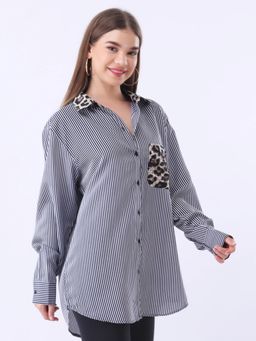 Qurvii - Navy Blue Stripe Full Placket Shirt with Printed Pocket