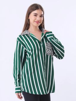 Qurvii - Green Stripe Printed Full Placket Shirt with Pocket