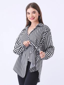 Qurvii - Black and White Stripe Side Tie-Up Shirt