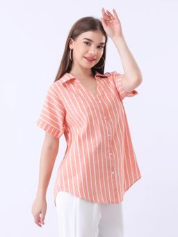 Qurvii - Orange Stripe Printed Linen Drop Shoulder Shirt