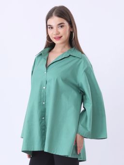Qurvii - Green Solid Full Sleeves Poplin Shirt