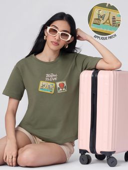 The Souled Store - Women Olive Travel Relaxed Fit T-Shirt
