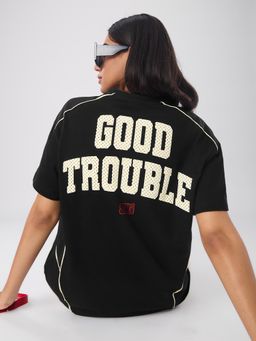 The Souled Store - Women Black Official Good Trouble Printed Oversized T-Shirt