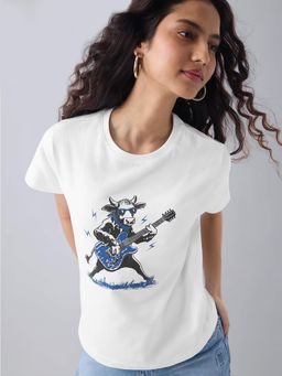 The Souled Store - Women White Rockstar Cow Printed T-Shirt