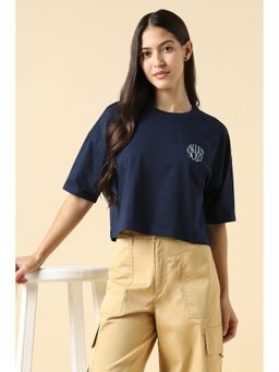Allen Solly - Women Navy Blue Solid Casual Crop T-Shirt