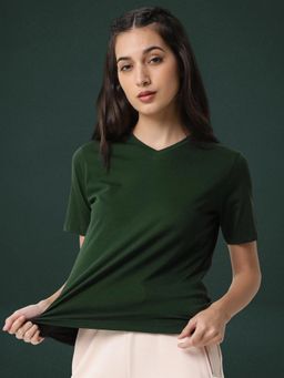 RAREISM - Women Dark Green Cotton Blend Regular Fit Solid V-Neck T-Shirt