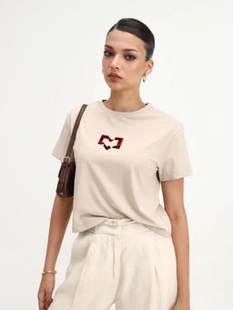 RAREISM - Beige Cotton Blend Round Neck Regular Fit Printed T-Shirt