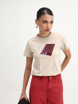RAREISM - Beige Cotton Blend Round Neck Regular Fit Graphic Print T-Shirt