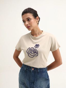 RAREISM - Women Beige Cotton Half Sleeve Regular Fit T-Shirt