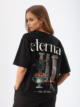 RAREISM - Women Black Cotton Oversized Regular Graphic Print T-Shirt