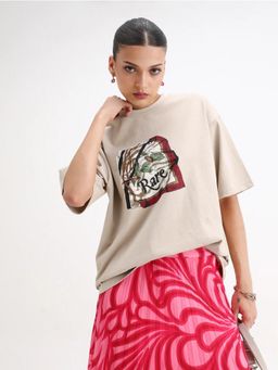RAREISM - Beige Cotton Round Neck Oversize Fit Printed T-Shirt