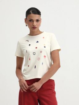 RAREISM - Off White Cotton Blend Round Neck Regular Fit Printed T-Shirt