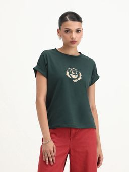 RAREISM - Dark Green Cotton Blend Round Neck Relaxed Fit Printed T-Shirt