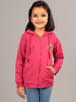 ZION - Girls Front Open Hooded Sweatshirt with Smile Emoji Applique Details-Fuchsia